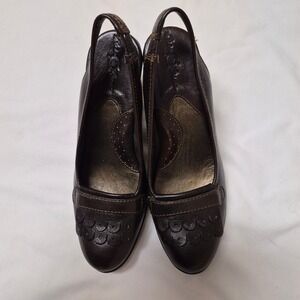 Born Crown Brown Leather Slingback Heels Scalloped Round Toe Block Heel 7.5 38.5